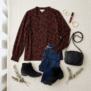 Michael Kors Top 2X Plus Red Black Floral Tie Flowy  Peasant Blouse Long Sleeve